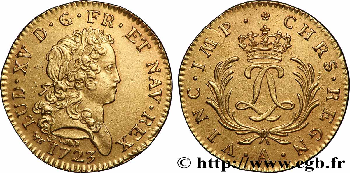 LOUIS XV DIT LE BIEN AIMÉ Double louis d’or aux deux L entrelacées et aux palmes 1723 Paris SUP