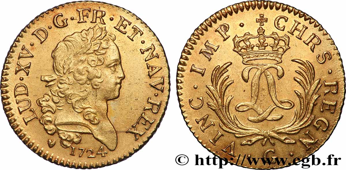 LOUIS XV DIT LE BIEN AIMÉ Louis d or aux deux L entrelacées et aux palmes longues 1724 Poitiers SUP