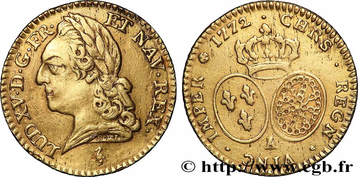 LOUIS XV DIT LE BIEN AIMÉ Demi-louis d or aux écus ovales, buste lauré 1772 Paris TTB+