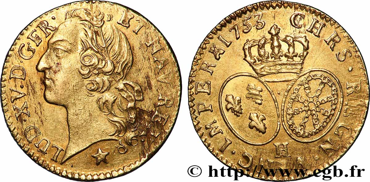 LOUIS XV THE WELL-BELOVED Louis d’or aux écus ovales, tête ceinte d’un bandeau 1753 La Rochelle XF/AU