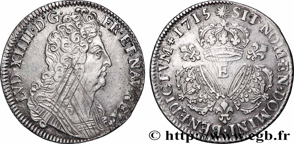 LOUIS XIV THE SUN KING Quart d écu aux trois couronnes 1715 Tours XF