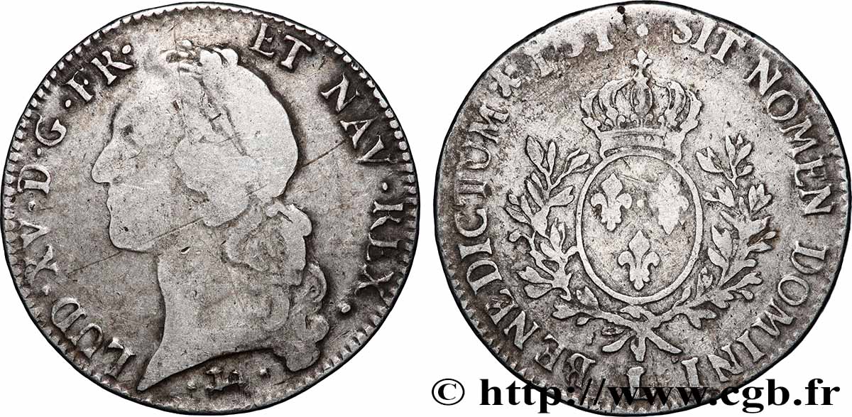 LOUIS XV THE WELL-BELOVED Écu aux branches d’olivier, tête ceinte d’un bandeau s.m. Bayonne S