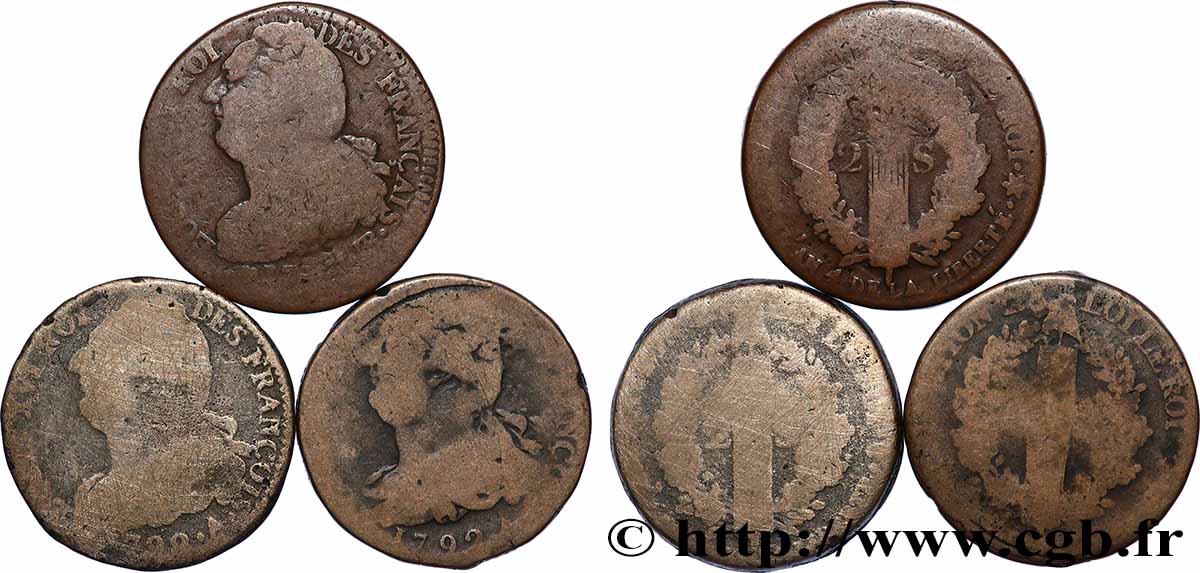 LOUIS XVI 2 sols dit au faisceau , types divers, lot de 3 ex. n.d. Ateliers divers lot