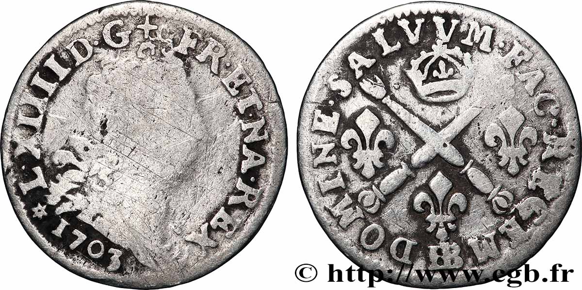 LOUIS XIV THE SUN KING Cinq sols aux insignes 1703 Strasbourg fS/fSS