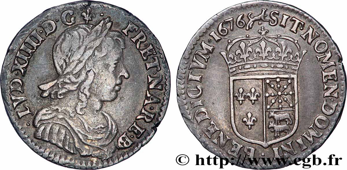 LOUIS XIV THE SUN KING Douzième d écu de Béarn, portrait à la mèche longue 1676 Pau fVZ/VZ