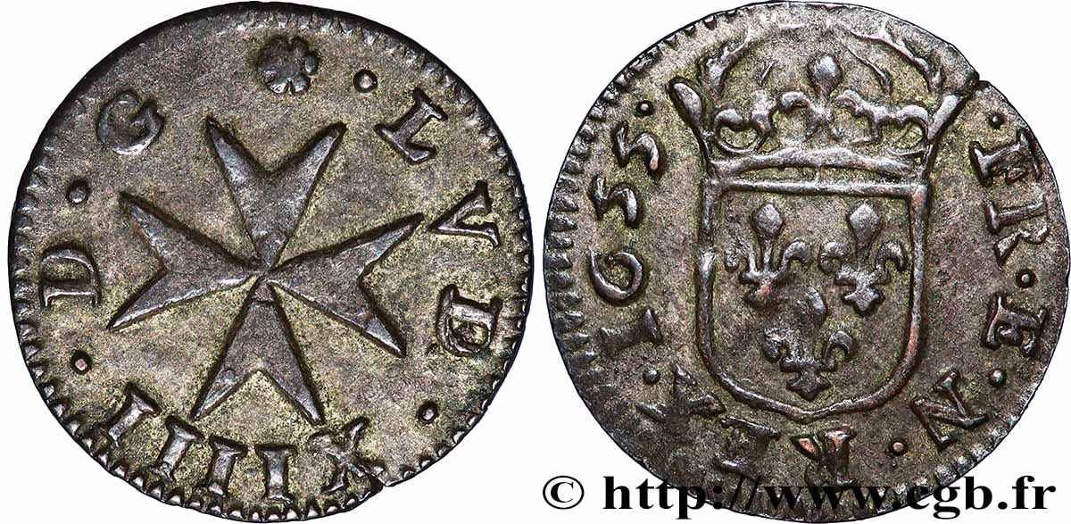 LOUIS XIV LE GRAND OU LE ROI SOLEIL Liard de Lyon à la croix du Saint-Esprit 1655 Lyon TTB+