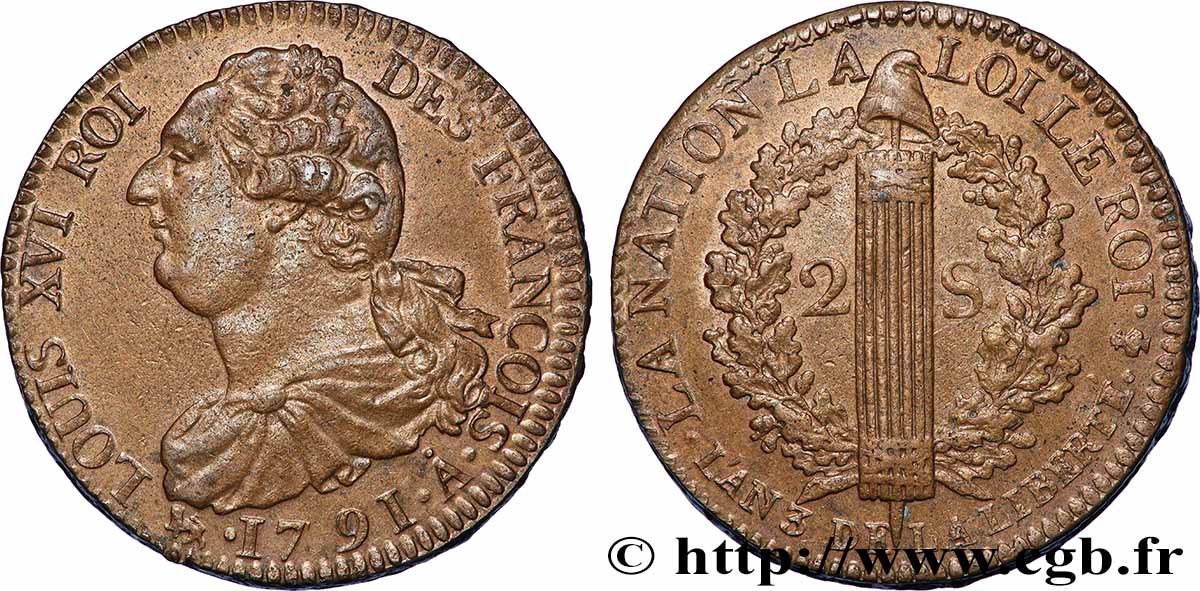 LOUIS XVI 2 sols dit au faisceau , type FRANÇOIS 1791 Paris AU