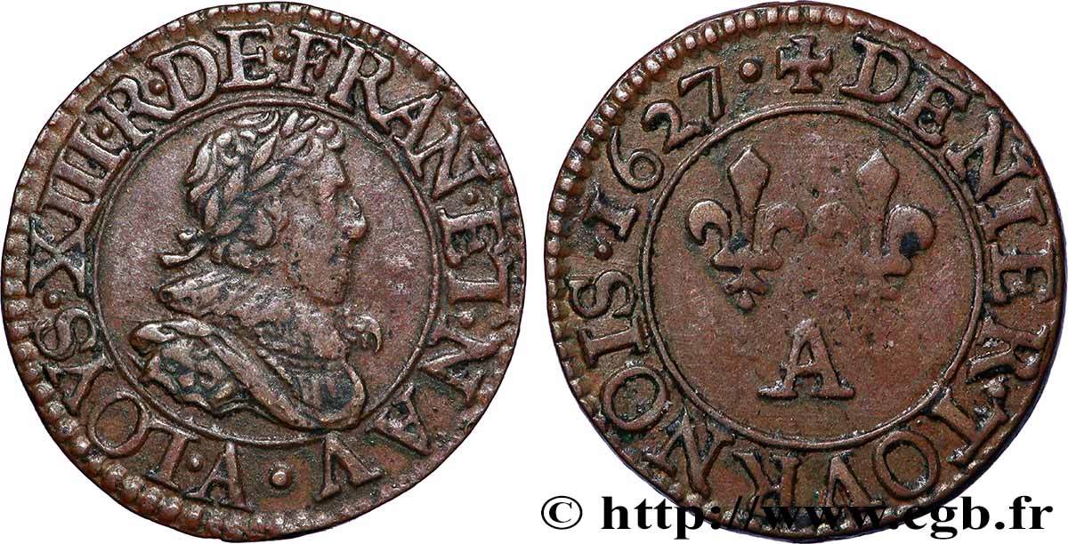 LOUIS XIII LE JUSTE Denier tournois, type 4 1627 Paris TTB+/TTB