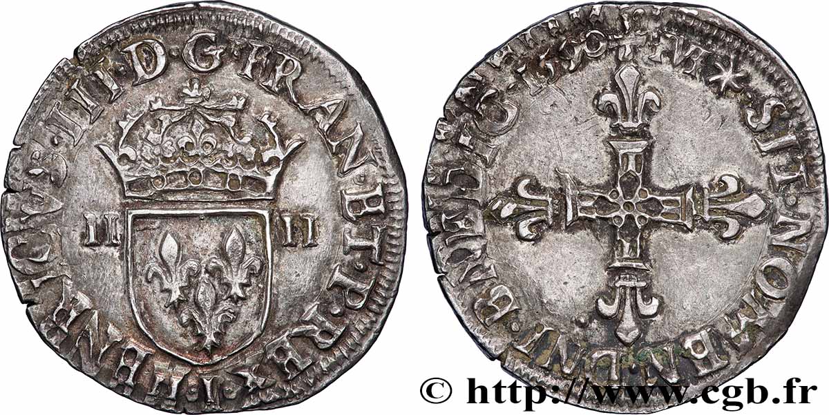 LIGUE. COINAGE AT THE NAME OF HENRY III Quart d écu, écu de face 1590 Limoges AU