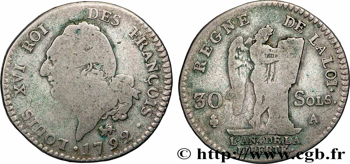 LOUIS XVI 30 sols dit au génie , type FRANÇOIS 1792 Paris VF