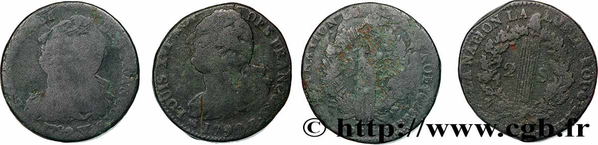 LOUIS XVI 2 sols dit au faisceau , types divers, lot de 2 ex. n.d. Ateliers divers lot