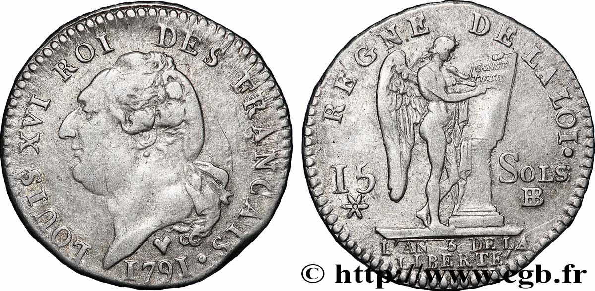 LOUIS XVI 15 sols dit au génie , type FRANÇAIS 1791 Strasbourg q.BB