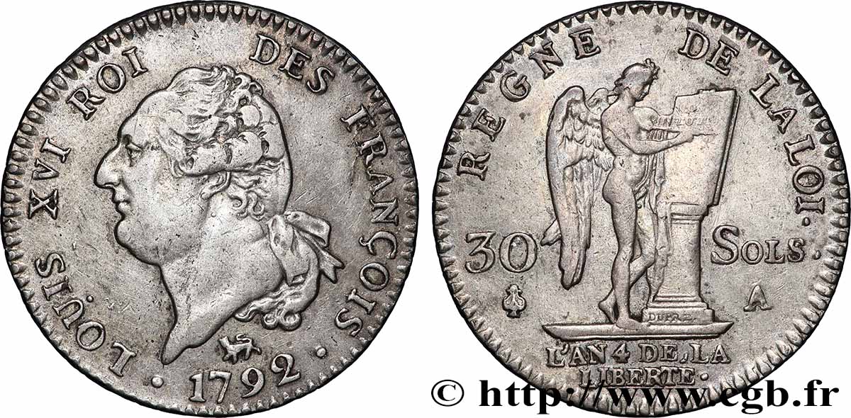 LOUIS XVI 30 sols dit au génie , type FRANÇOIS 1792 Paris SS
