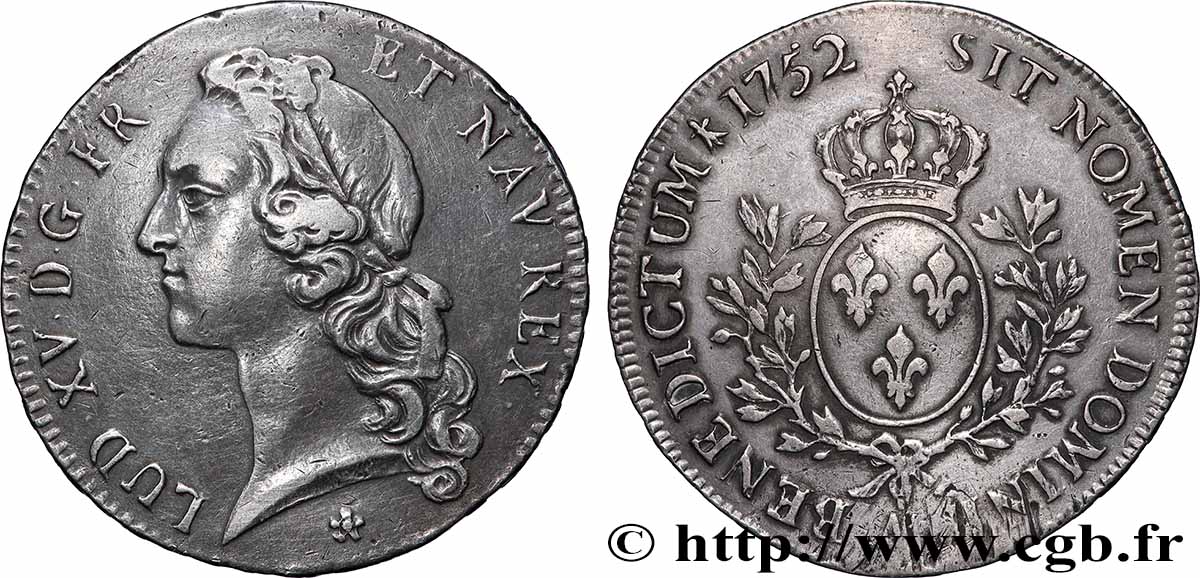 LOUIS XV THE WELL-BELOVED Écu aux branches d’olivier, tête ceinte d’un bandeau 1752 Metz BB