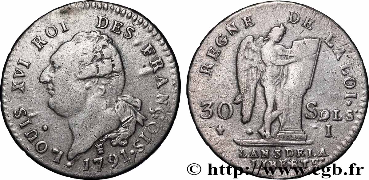LOUIS XVI 30 sols dit au génie , type FRANÇOIS 1791 Limoges VF