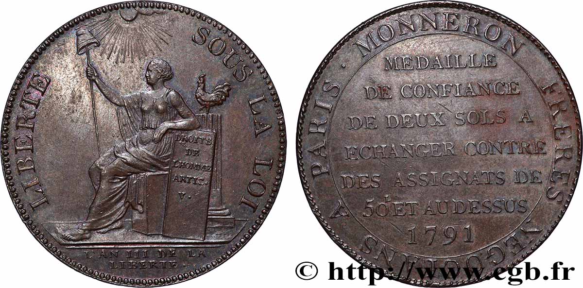REVOLUTION COINAGE Monneron de 2 sols à la Liberté 1791 Birmingham, Soho AU