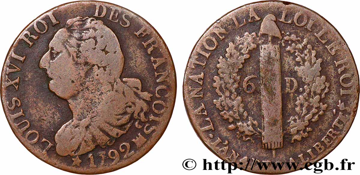 LOUIS XVI (MONARQUE CONSTITUTIONNEL) 6 deniers dit au faisceau , type FRANÇOIS 1792 Marseille TB+