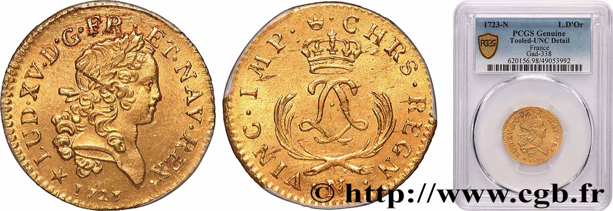 LOUIS XV DIT LE BIEN AIMÉ Louis d or aux deux L entrelacées et aux palmes courtes 1723 Montpellier SUP