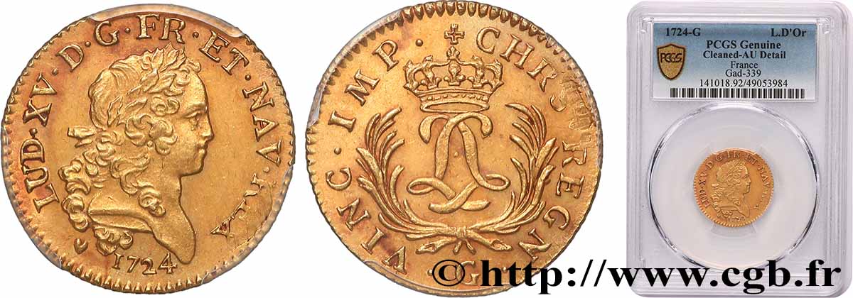 LOUIS XV DIT LE BIEN AIMÉ Louis d or aux deux L entrelacées et aux palmes longues 1724 Poitiers SUP