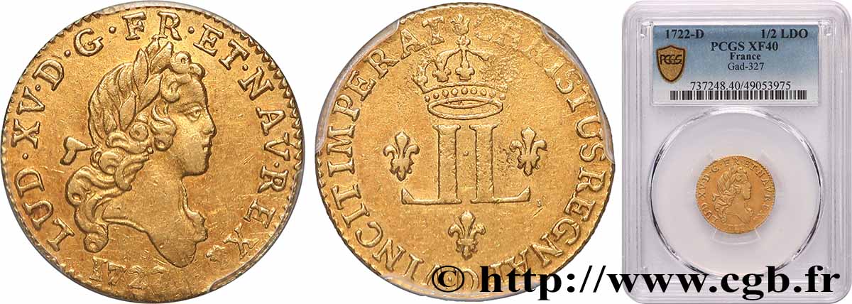 LOUIS XV DIT LE BIEN AIMÉ Demi-louis d’or aux deux L couronnées 1722 Lyon TTB40