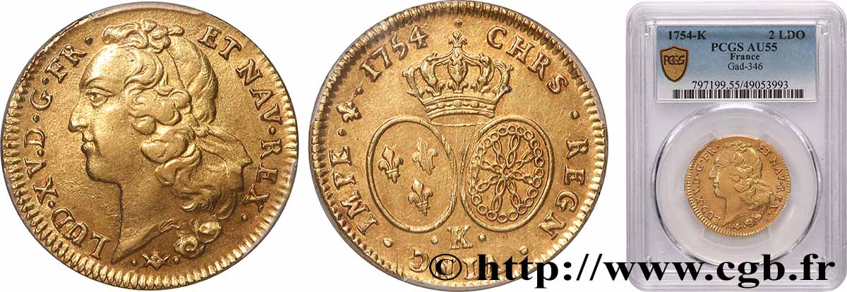 LOUIS XV DIT LE BIEN AIMÉ Double louis d’or aux écus ovales, tête ceinte d’un bandeau 1754 Bordeaux SUP55