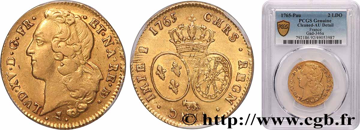 LOUIS XV DIT LE BIEN AIMÉ Double louis d’or aux écus ovales, tête ceinte d’un bandeau 1765 Pau SUP