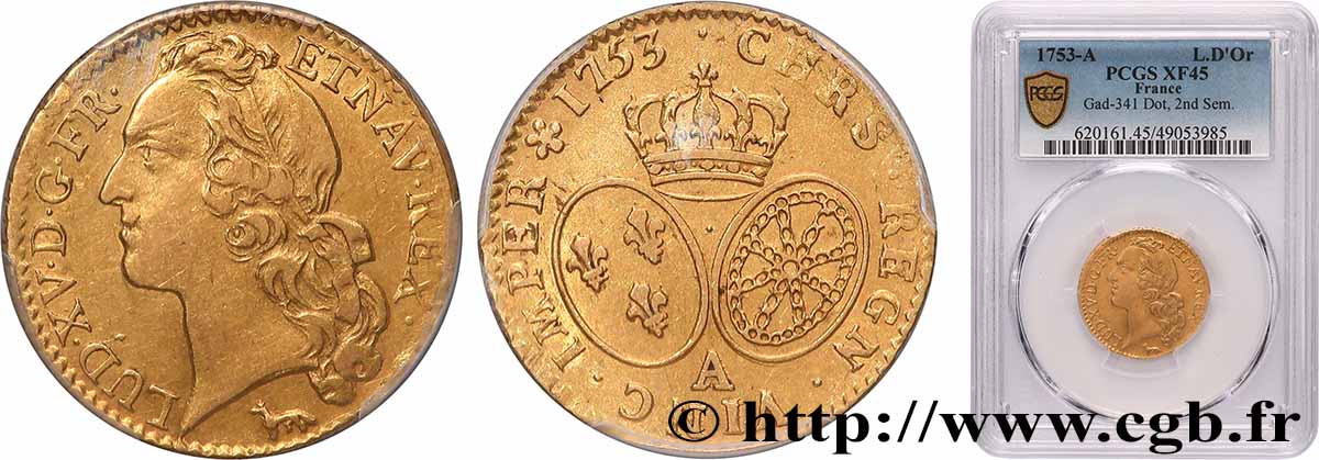 LOUIS XV DIT LE BIEN AIMÉ Louis d’or aux écus ovales, tête ceinte d’un bandeau 1753 Paris TTB45