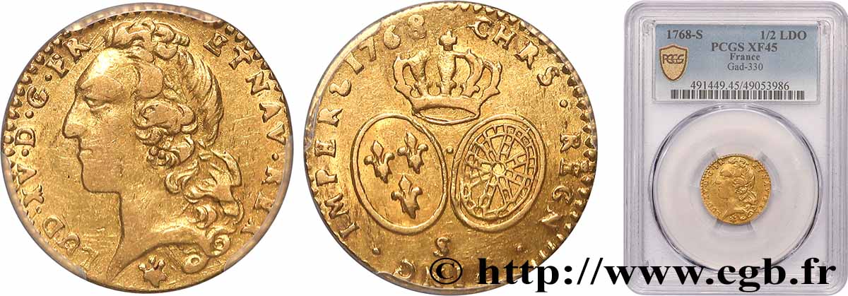 LOUIS XV THE WELL-BELOVED Demi-louis d’or aux écus ovales, tête ceinte d’un bandeau 1768 Reims SS45