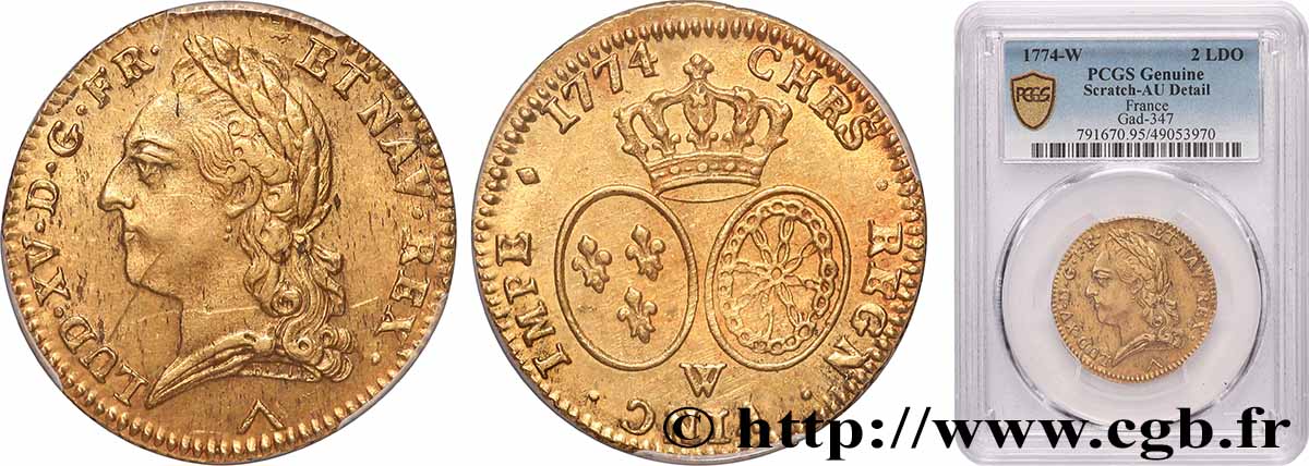 LOUIS XV THE WELL-BELOVED Double louis d or aux écus ovales, buste lauré 1774 Lille AU/AU