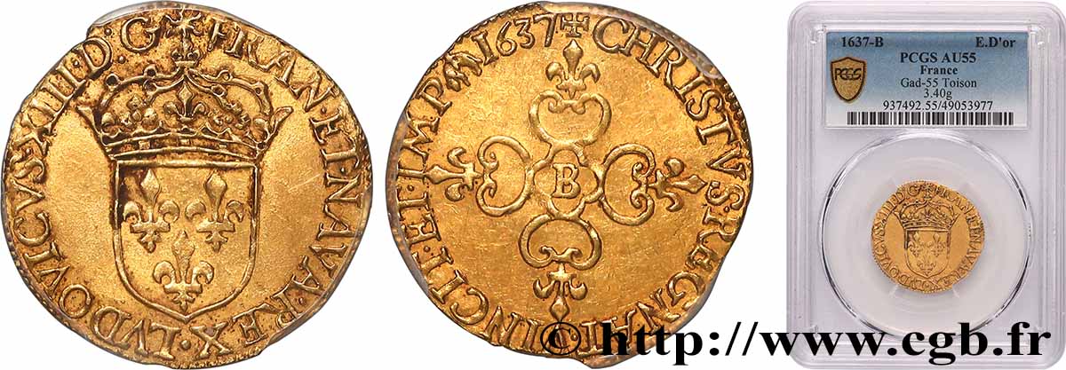 LOUIS XIII Écu d or au soleil, à la croix anillée fleurdelisée 1637 Rouen AU55