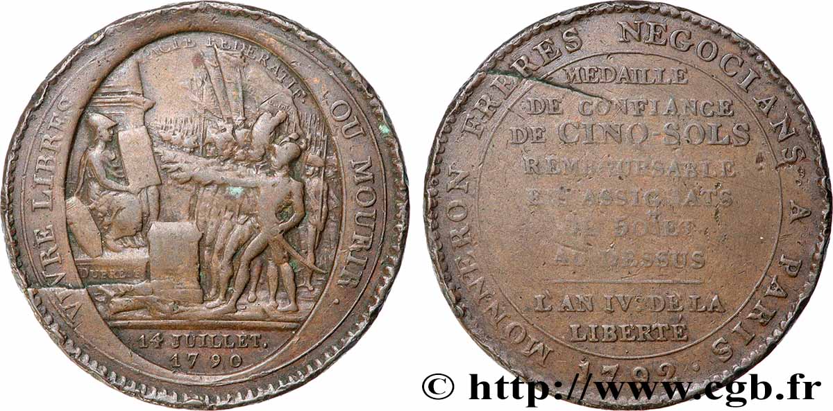 REVOLUTION COINAGE Monneron de 5 sols au serment (An IV), 3e type 1792 Birmingham, Soho VF