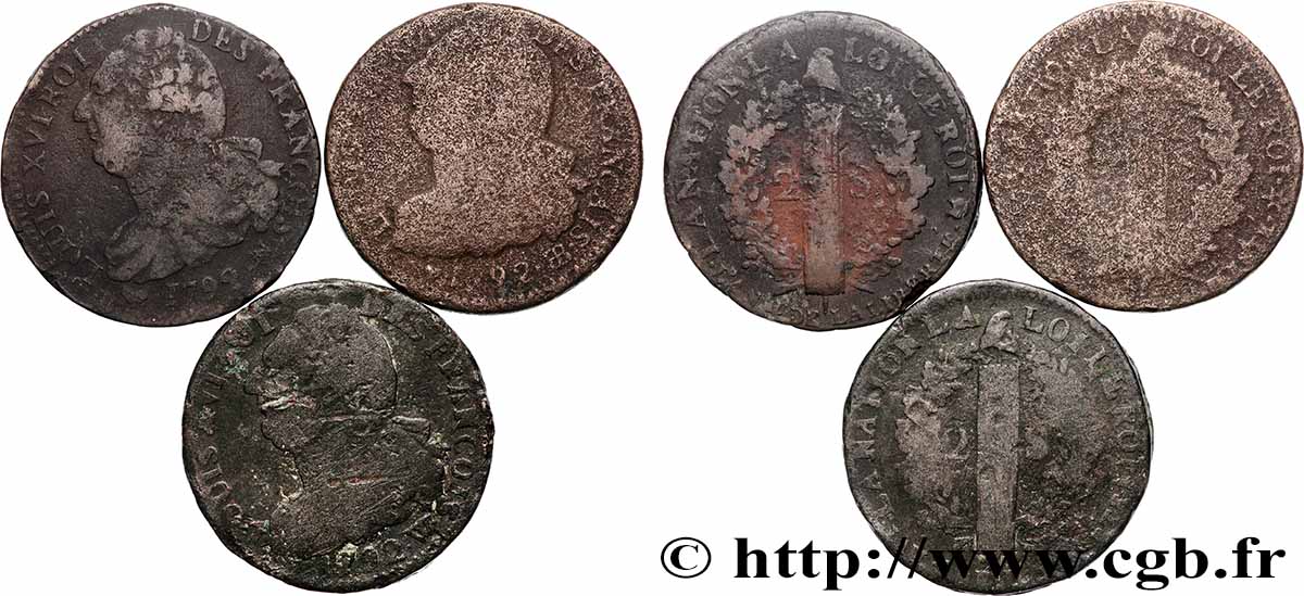 LOUIS XVI 2 sols dit au faisceau , types divers, lot de 3 ex. n.d. Ateliers divers lot