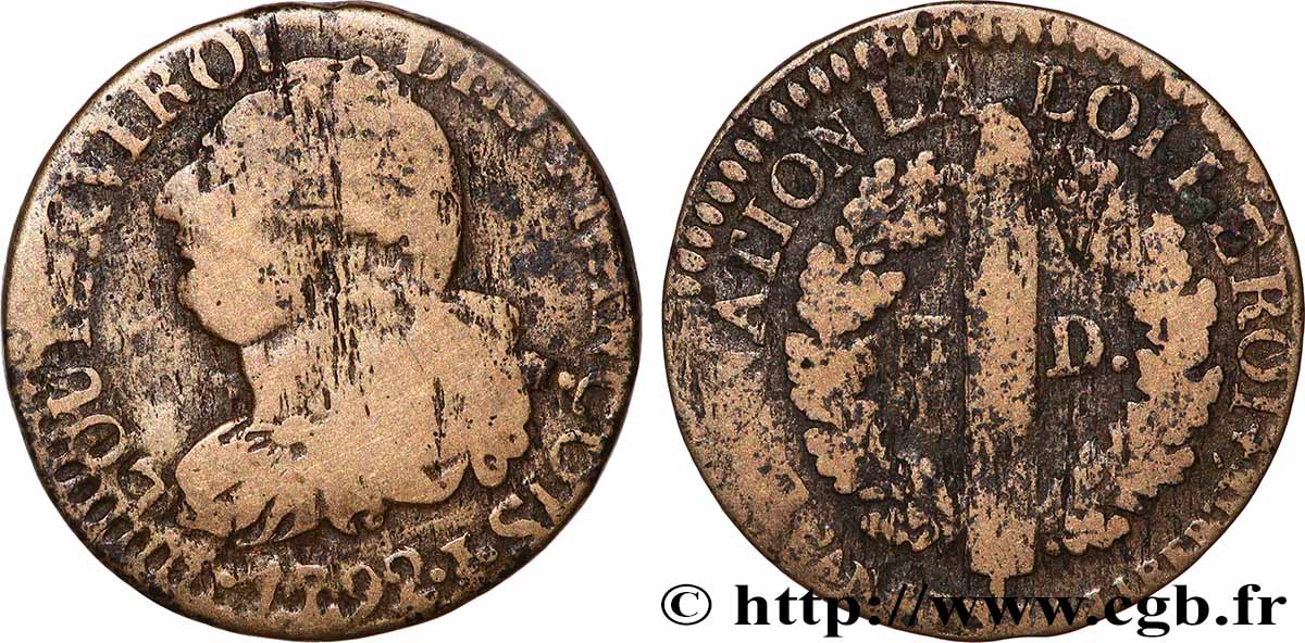 LOUIS XVI 3 deniers dit au faisceau , type FRANÇOIS 1792 Limoges VF