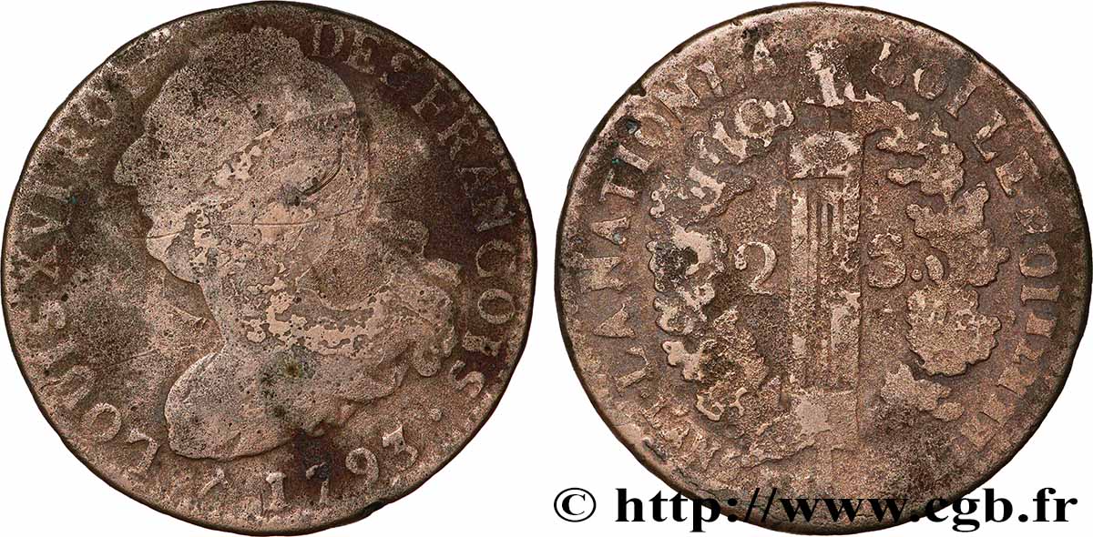 LOUIS XVI 2 sols dit au faisceau , type FRANÇOIS 1793 Orléans F
