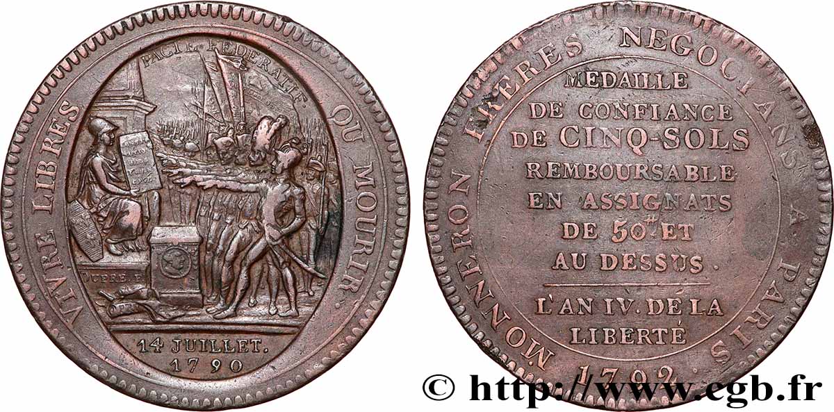 CONFIANCE (MONNAIES DE...) Monneron de 5 sols au serment (An IV), 3e type 1792 Birmingham, Soho TTB