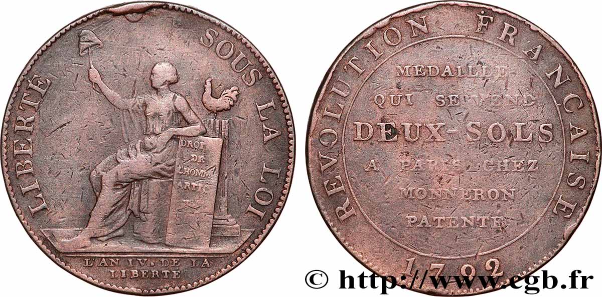 REVOLUTION COINAGE Monneron de 2 sols à la Liberté 1792 Birmingham, Soho VF
