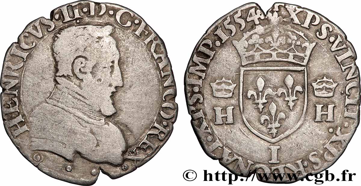 HENRY II Demi-teston à la tête nue, 1er type 1554 Limoges F/VF