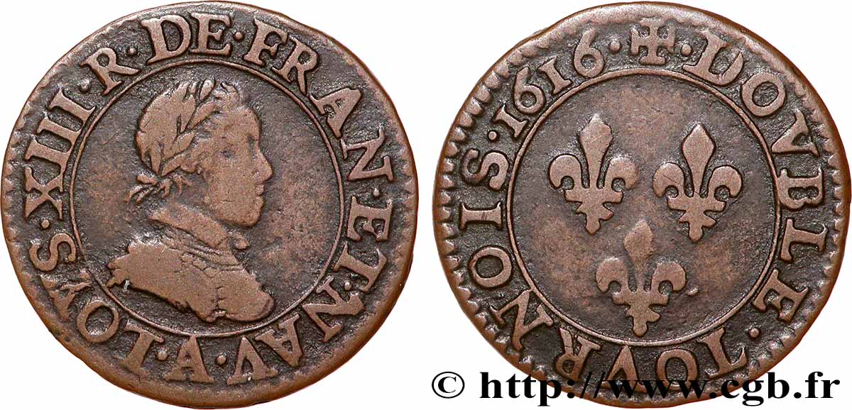 LOUIS XIII Double tournois, type 1 1616 Paris, Moulin du Louvre q.BB