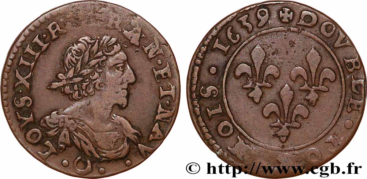 LOUIS XIII LE JUSTE Double tournois, au grand buste viril drapé 1639 Ateliers de l’axe Loire-Rhône TTB