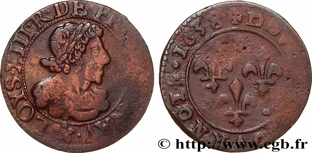 LOUIS XIII Double tournois 1638 Troyes VF