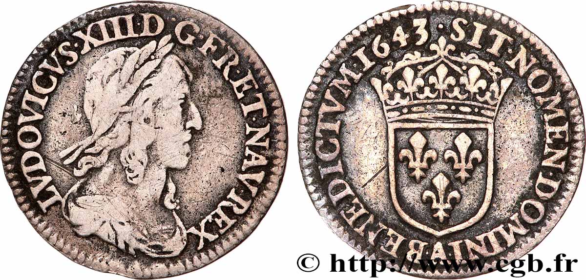 LOUIS XIII LE JUSTE Douzième d écu, buste drapé et cuirassé (2e buste de Jean Warin) 1643 Paris, Monnaie du Louvre TB+/TTB
