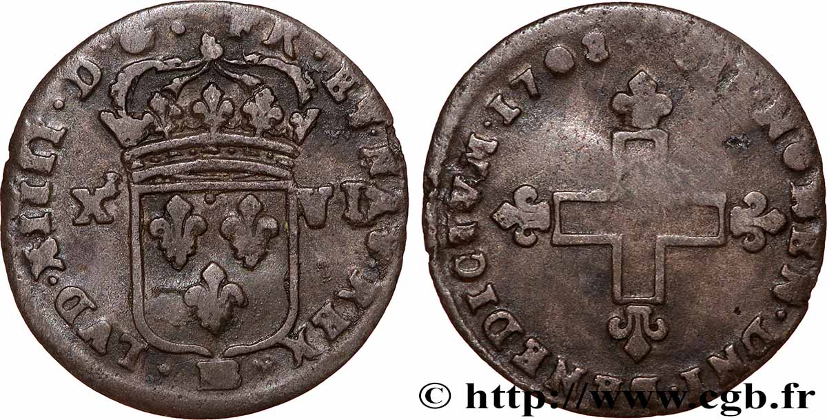 LOUIS XIV LE GRAND OU LE ROI SOLEIL XVI deniers 1708 Strasbourg TB