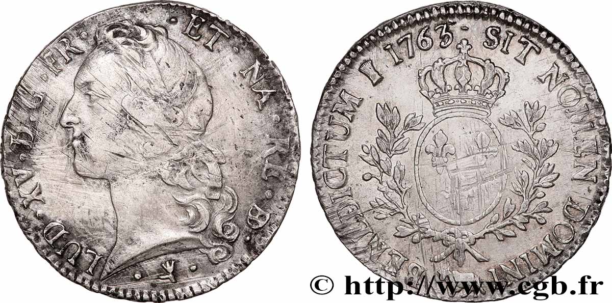 LOUIS XV DIT LE BIEN AIMÉ Écu aux branches d’olivier, tête ceinte d’un bandeau 1763 Pau TTB