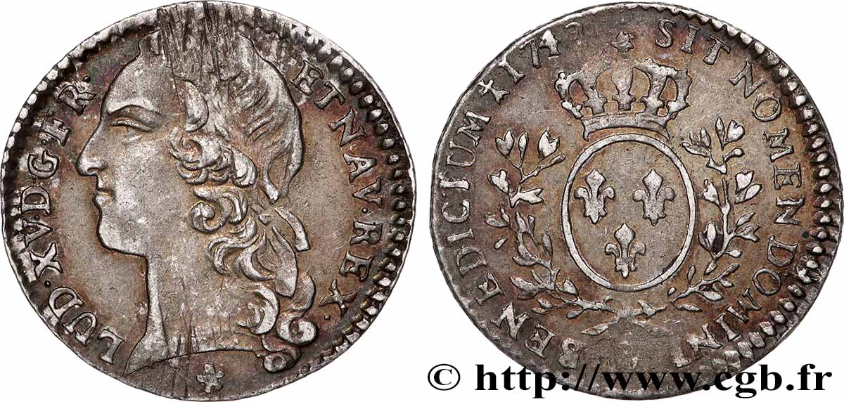 LOUIS XV DIT LE BIEN AIMÉ Dixième d écu aux branches d’olivier, tête ceinte d’un bandeau 1748 Metz TTB