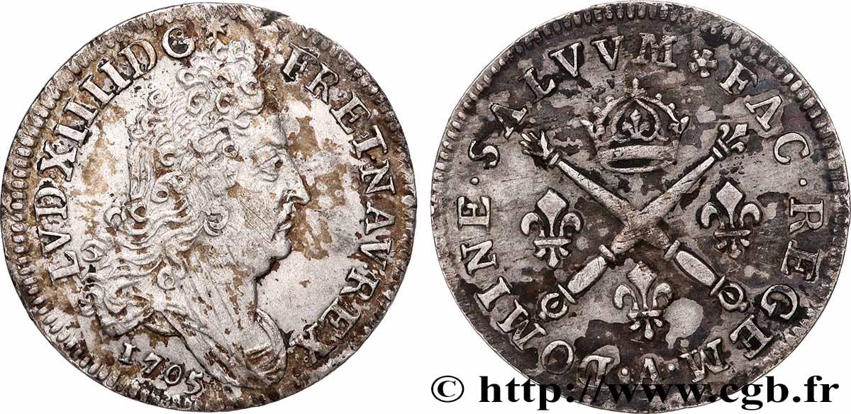 LOUIS XIV LE GRAND OU LE ROI SOLEIL 10 sols aux insignes 1705 Paris TTB+