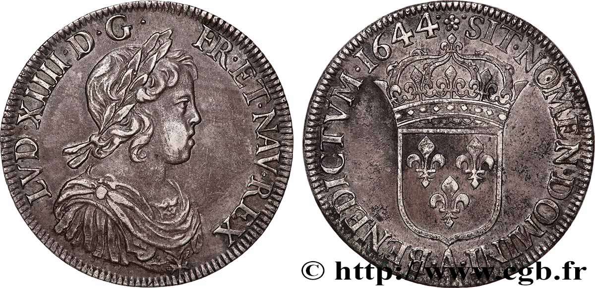 LOUIS XIV LE GRAND OU LE ROI SOLEIL Écu, portrait à la mèche courte 1644 Paris, Monnaie de Matignon TTB+