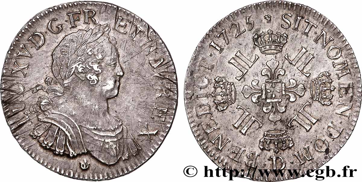 LOUIS XV DIT LE BIEN AIMÉ Écu à la croix fleurdelisée couronnée et aux huit L 1725 Lyon TTB/TTB+