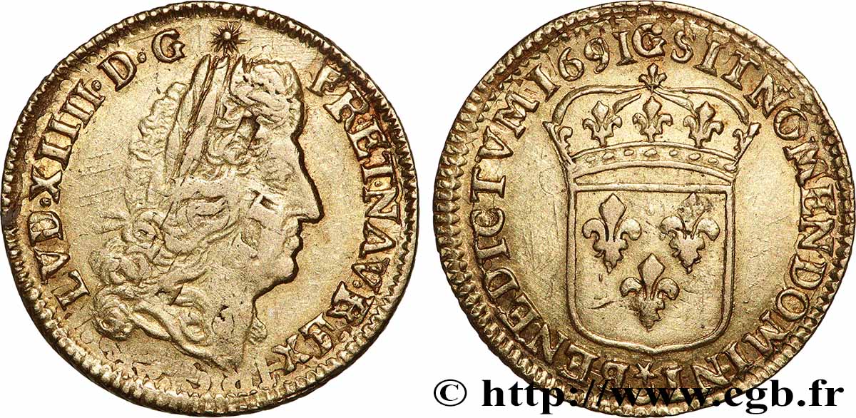 LOUIS XIV THE SUN KING Louis d or à l écu 1691 Poitiers VF/XF