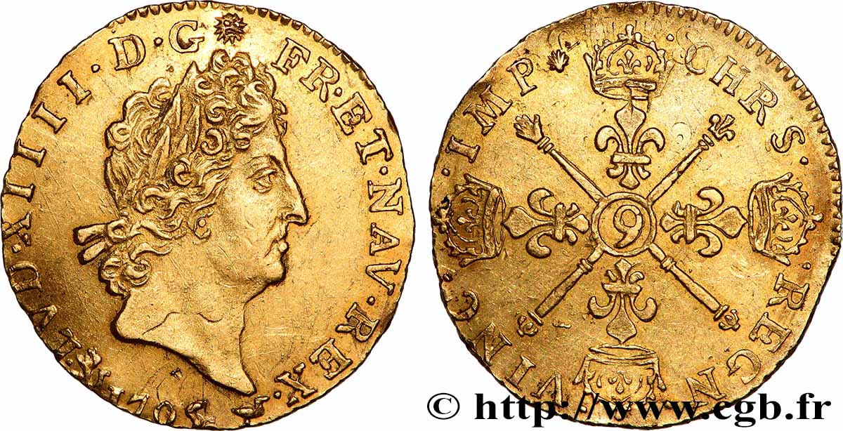 LOUIS XIV LE GRAND OU LE ROI SOLEIL Louis d or aux insignes 1705 Rennes TTB+