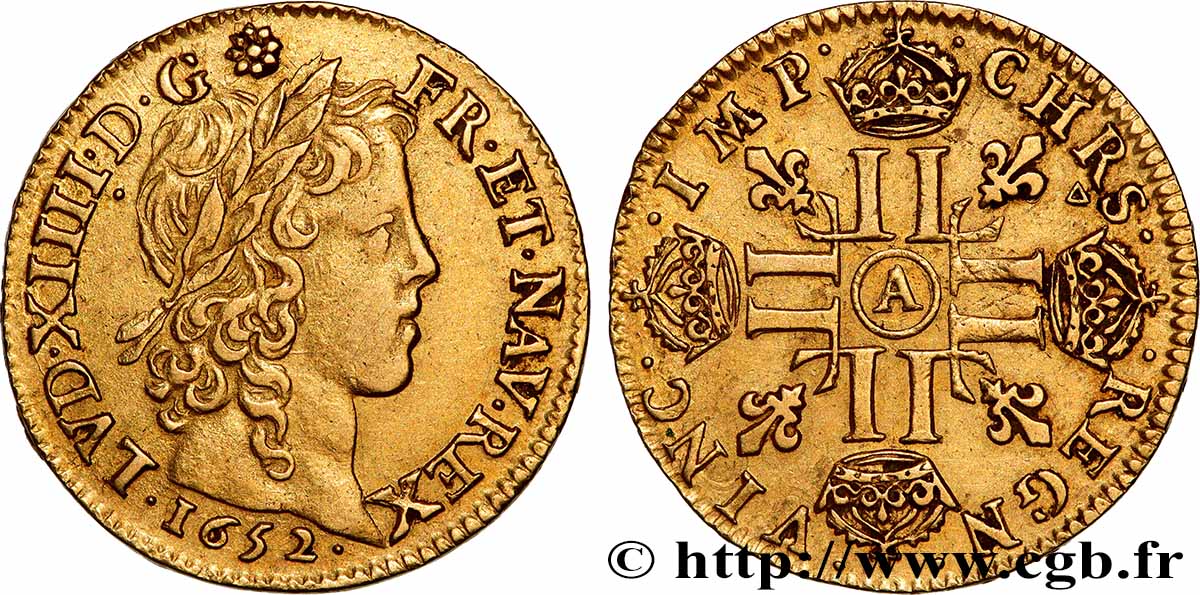 LOUIS XIV LE GRAND OU LE ROI SOLEIL Louis d’or aux huit L, portrait à la mèche longue 1652 Paris TTB+/TTB